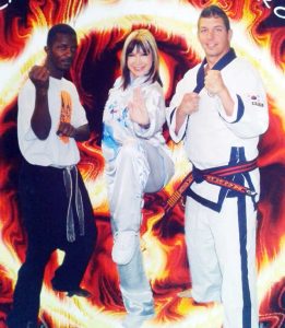 Cynthia Rothrock is flanked Newton (right) and another actor 