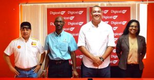 Digicel Communications Manager, Vidya Bijlall- Sanichara (right) poses with GSA President David Fernandes and officials Garfield Wiltshire and Robin Low yesterday.