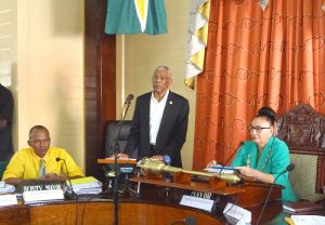 President David Granger during his address. Flanking him from right is Mayor of Georgetown Patricia Chase-Greene and at left is Deputy Mayor Sherod Duncan. 