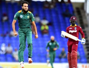 Imran Tahir exults after removing Andre Fletcher, West Indies v South Africa, 6th match, ODI tri-series, St Kitts ©AFP