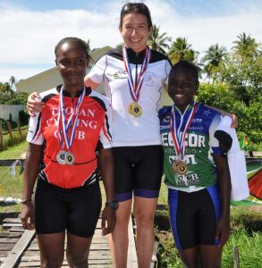 Proud Moment! GCF Female Time Trials and Road Race top three. Winner Claire Fraser Green flanked by Christine Matheson (left) and Ronella Samuels, 2nd and 3rd in both events.