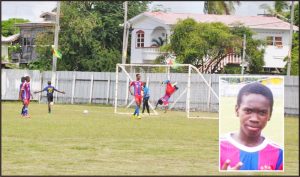 Kevon John (inset) of Mahaica Determinators summersaults after scoring the first goal of the EDFA’s leg of the GFF/NAMILCO Flour Power National U-17 leg. (Franklin Wilson photo)