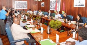 President David Granger, Minister of State, Joseph Harmon and permanent secretaries of the various Government Ministries at the Ministry of the Presidency yesterday.