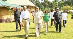 President David Granger and First Lady Mrs. Sandra Granger being given a guided tour of the Iwokrama River Lodge and Research Centre by Chief Executive Officer, Dr. Dane Gobin