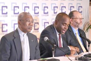 Centre: Caribbean Community Chairman, Prime Minister of Dominica, Roosevelt Skerrit; Guyana’s President, David Granger who co-hosted the Heads Conference, and Secretary General of CARICOM, Ambassador Irwin La Rocque.