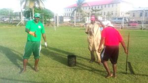 Police Sports Officials, Mark Scott (right) and Lyndon Wilson (left) putting the final touches to the ground preparations at the Police Sports Club Ground, Eve Leary.