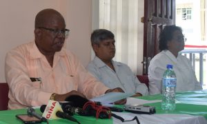 From left; Minister of Finance, Winston Jordan; Junior Minister of Finance, Jaipaul Sharma and Deputy Vice Chancellor Dr. Elizabeth Ramlall 