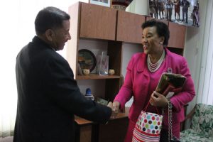 Minister of Indigenous Peoples’ Affairs Sydney Allicock greets Secretary General of the Commonwealth of Nations, Baroness Patricia Scotland