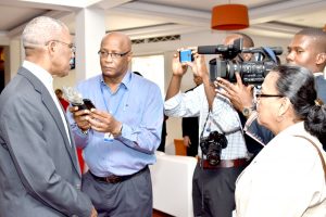President David Granger speaking with media operatives, at the Thirty Seventh Regular Meeting of the Conference of the Heads of Government of the Caribbean Community at the Pegasus. (GINA photo)