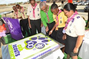 Mr. Ramsey Ali, Mrs. Joaquin and other Scouts watch on as President Granger cuts the cake to celebrate the centennial anniversary of Scouting