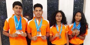 The outstanding performers at the recently held CAREBACO Championships 2016 in Aruba. From left; Narayan Ramdhani, Jonathan Mangra, Ambika Ramraj and Priyanna Ramdhani display their medals.