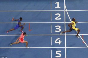 Bolt crossing the finish line as he manages to secure the ninth Olympic gold medal of his stunning career on Friday. (Reuters)