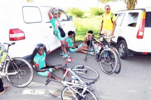 Dejected bunch!  The Guyana junior riders and Manager all exhausted  and disappointed after the road race yesterday in St. Lucia.