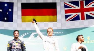 Mercedes’ Nico Rosberg of Germany (C) celebrates on the podium with Mercedes’ Lewis Hamilton of Britain (R) and Red Bull’s Daniel Ricciardo of Australia (L) after the Belgian F1 Grand Prix. (REUTERS/Yves Herman)