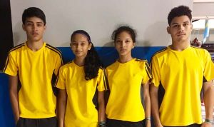 The Guyana Badminton team currently in Aruba: (from left) Narayan Ramdhani, Priyanna Ramdhani, Ambika Ramraj and Jonathan Mangra.