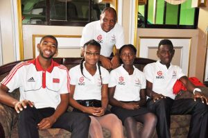 Seated from left: The 2015 International Men’s 800m Runner-Up, Ashton Gill, Shikyla Walcott, Joanna Rogers, and Recardo Prescott with Manager, Kelvin Nancoo in background, shortly after arriving in Guyana to compete in this weekend’s Boyce/Jefford Classic VII.