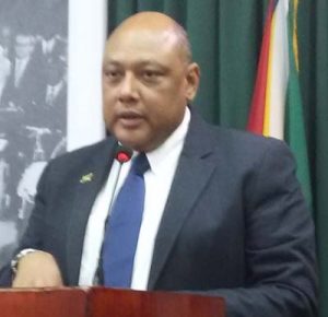 Minister of Natural Resources, Raphael Trotman, during the briefing yesterday. 