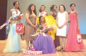 From left (standing): Marissa Muesa, Ms. Sita Ramjattan, Iesha Goodridge, Doniellie Handy First Lady Sandra Granger and Shania Magloire. Seated is Miss Youth Ambassador 2016 Kizzie Mcleod. 