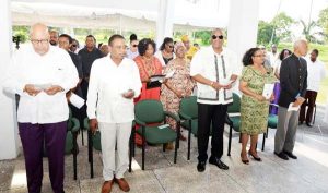 From left: Dr. Richard Van West Charles, former Opposition Leader,  Mr. Robert Corbin, Minister of State, Mr. Joseph Harmon, Minister of Social Protection, Ms. Volda Lawrence and Minister of Communities,  Mr. Ronald Bulkan among the attendees at the Botanical Gardens.