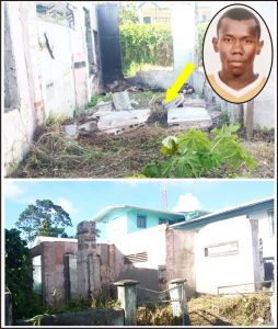 (Above) The arrow indicates where Kevon McKenzie’s (inset) body was discovered. The large pieces of the brick wall are believed to have collapsed on him as he was removing bushes adjacent to the structure (Below) The yard that the man was hired to clean.