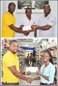 (Above) Chief Security Officer at Mohamed’s Enterprise on Lombard Street, Royston Green (right) hands over their contribution to Colin Boyce while Security Personnel, Ragobir Persaud shares  the moment yesterday. (Below) Accounts Clerk at Andrews Supermarket located on Aubrey Barker Road, South Ruimveldt, Elouise Leonard (right) hands over their sponsorship to Edison Jefford yesterday.