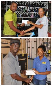 (Above) Father of the Proprietor of Jude Bike Shop, Jude Bentley Sr. (right) hands over their sponsorship to Edison Jefford yesterday at the Robb Street location of the Bicycle Store. (Below) Store Supervisor at Antarctic Maintenance and Repairs, Mariah Blenman (right) makes their presentation to Colin Boyce yesterday at the Third Street Alberttown location.