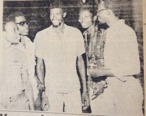 Hewley Harry (centre) and other Guyanese players at the reception hosted by then Canadian High Commissioner to Guyana Ailan Roger. 