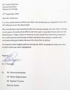 Dr. Ramayya’s letter of resignation.