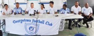 GFC’s new Head Coach Fabiano Agripino (3rd left) makes a point during his presentation yesterday in the presence of from right, Denzil Hernandez, Eon DeViera, Kevin Beaton, Faizal Khan Ms Lisa Ahmad, Renato and Ms Diangelly Gabriella. 
