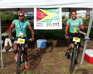 Jude Bentley (right) and Keon Thomas at the Caribbean Mountain Bike Championships.