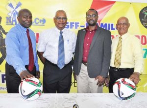 Some of the main players, NAMILCO’s Managing Director Mr Bert Sukhai (2nd left) along with GFF President Mr Wayne Forde (2nd right), and other NAMILCO Officials Mr Fitzroy McLeod – Finance at left and Affeeze Khan (Marketing).