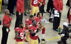 San Francisco 49ers quarterback Colin Kaepernick (7) and free safety Eric Reid (35) kneel during the playing of the national anthem before a NFL game against the Los Angeles Rams at Levi’s Stadium. (Kirby Lee-USA TODAY Sports)