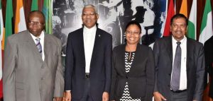 President David Granger with members of the Tribunal. From left: Justice (ret’d) Winston Patterson, Justice Roxanne George-Wiltshire and Attorney-at-Law, Mr. Robert Ramcharran