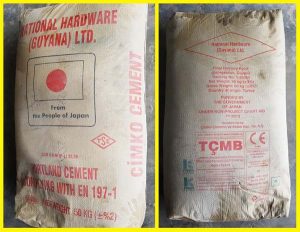 (left) The back of the cement sack says: “FUNDED BY THE GOVERNMENT OF JAPAN UNDER NON-PROJECT GRANT AID FY 2013.” (right)The front of the sack: “From The People Of Japan”