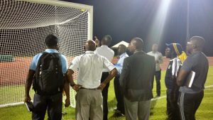 CFU and local football officials along with government functionaries during last Thursday's  inspection of the Leonora facility football pitch which was given the green light to host Jamaica