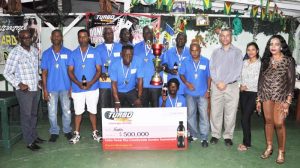 Members of the victorious Frankies team with Turbo and Fruta Brand Manager Andrea Noel (extreme left), Guyana Beverage Inc. General Manager Mark Telting (3rd right) and GDA President Faye Joseph (far right).