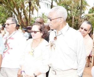 President David Granger, first lady Sandra Granger and Amerindian Minister  Sydney Allicock at Heritage Village Day in Region 2.