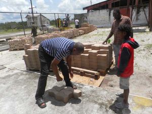 Cameron demonstrates brick-laying for a walkway.