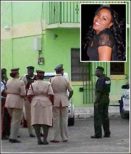 Police outside the apartment complex where female educator Marisha Bowen (inset) was murdered (Bahamas Press photo)