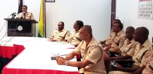 Acting Commissioner of Police, David Ramnarine, is seen here speaking at the conference yesterday in the presence of the Traffic Chief, Dion Moore, and some of the Divisional Traffic Commanders yesterday at Eve Leary, Georgetown.
