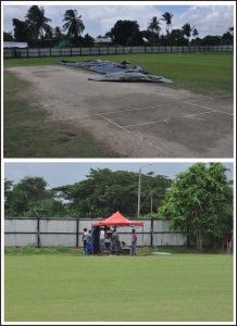 (Above: )Wet areas on the pitch caused by seepage. (Sean Devers photo) (Below): The music set just beyond the boundary lush green outfield at Tucshen yesterday. (Sean Devers photo)