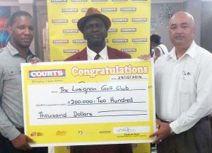 From left, Purnell Cummings - COURTS Marketing Manager; Guy Griffith – Lusignan Golf Club Secretary; and Oncar Ramroop – LGC’s President; at the symbolic sponsorship cheque handing over.