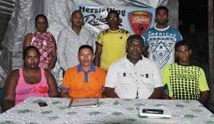 New HRFC President Devnon Winter (seated 2nd left) with his executive seated from right,  Quazim Yussuf, Kristopher Roberts and Ms. Parbattie Winter. Standing from right are  Roy Persaud, Uniss Yussuf, Richard Doodnauth and Ms. Anola Braithwaite