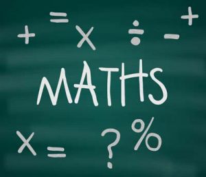 The word Maths, along with mathematical symbols, written on a green chalkboard