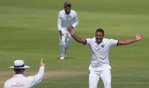 Shannon Gabriel is thrilled to see a decision go in his favour, Pakistan v West Indies, 2nd Test, Abu Dhabi, 2nd day, ©AFP