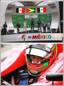 (Above) Calvin Ming (centre) stands atop the podium after his victory in race number 2 of the F4 championship in Mexico. (Calvin Ming facebook) (Below) A close up shot of Calvin Ming in his F4 Mygale racecar during last weekend’s action in Mexico. (Calvin Ming facebook)