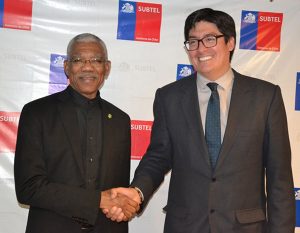 President David Granger exchanges a hand shake with Undersecretary of Telecommunications, Mr. Pedro Huichalaf following their meeting.