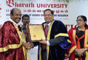 Bestowing honour: Founder of Bharath University S. Jagathrakshagan awarding the Degree of Doctor of Letters [Honoris Causa) to Moses V. Nagamootoo, Prime Minister and First Vice-President, Co-operative Republic of Guyana.