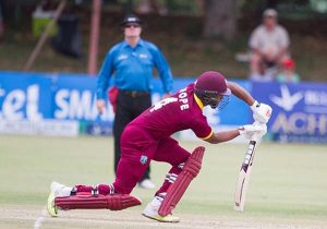 Batsman Shai Hope push drives during his maiden ODI hundred against Zimbabwe on Saturday. (Photo courtesy WICB Media)