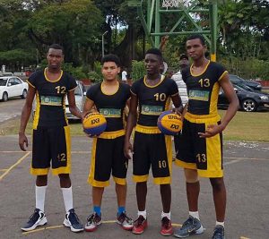 YOUNG COLTS! From left, Jamal Willes, Jonathan Mangra, Stanton Rose and Timothy Thompson will represent Guyana at a 3x3 Caribbean Basketball Championships after winning the GABF U-17 competition on Sunday at Burnham Court.